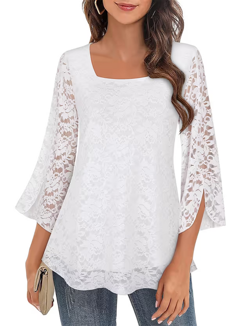 3/4 Sleeves Dressy Blouse Women's Size XL White Lace Elegant Square Neck