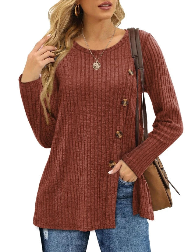 Slit Tunic Jumper Women's Size XL Maroon Long Sleeves Button Front Crew Neck