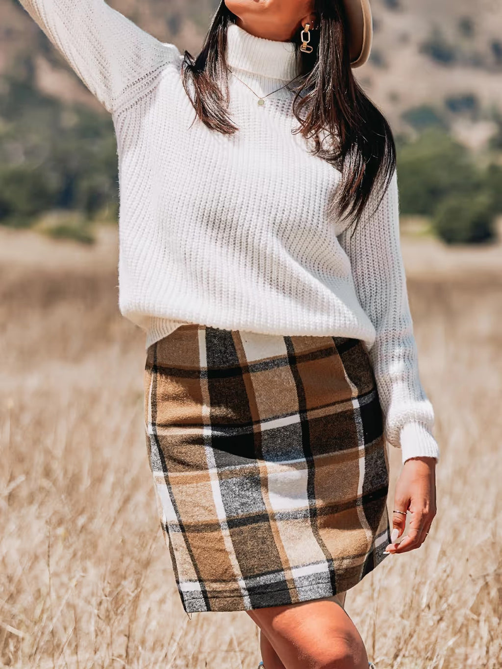 CUPSHE High Waist Plaid Mini Skirt Women's Large Brown Straight & Pencil Zipper