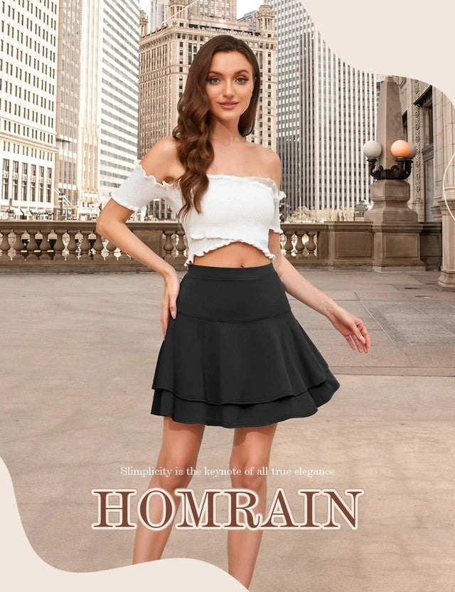 HomRain Ruffle Pleated Mini Skater Skirt Women Size XL Black High Wast Pull On