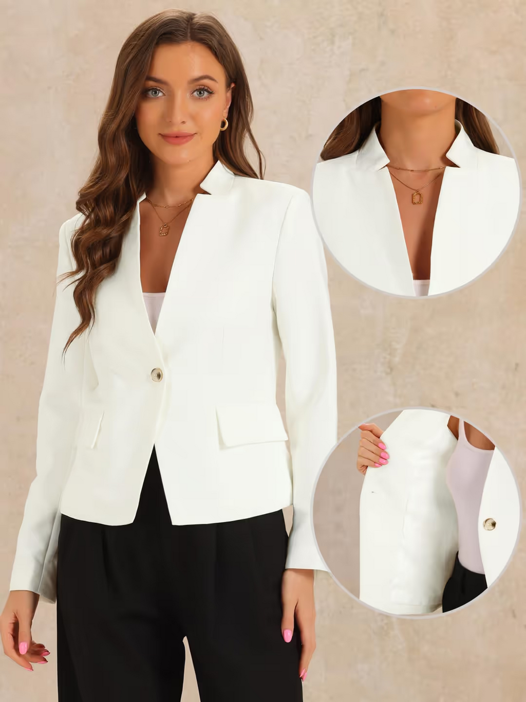 Allegra K Business Stand Up Collar Blazer Women's Size Small White Long Sleeves