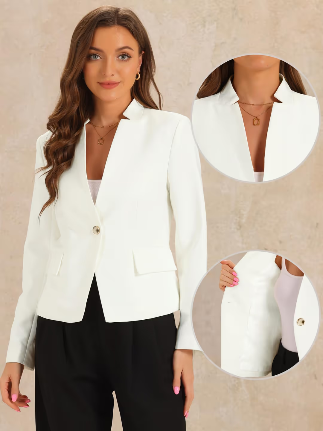 Allegra K Business Stand Up Collar Blazer Women's Size Small White Long Sleeves