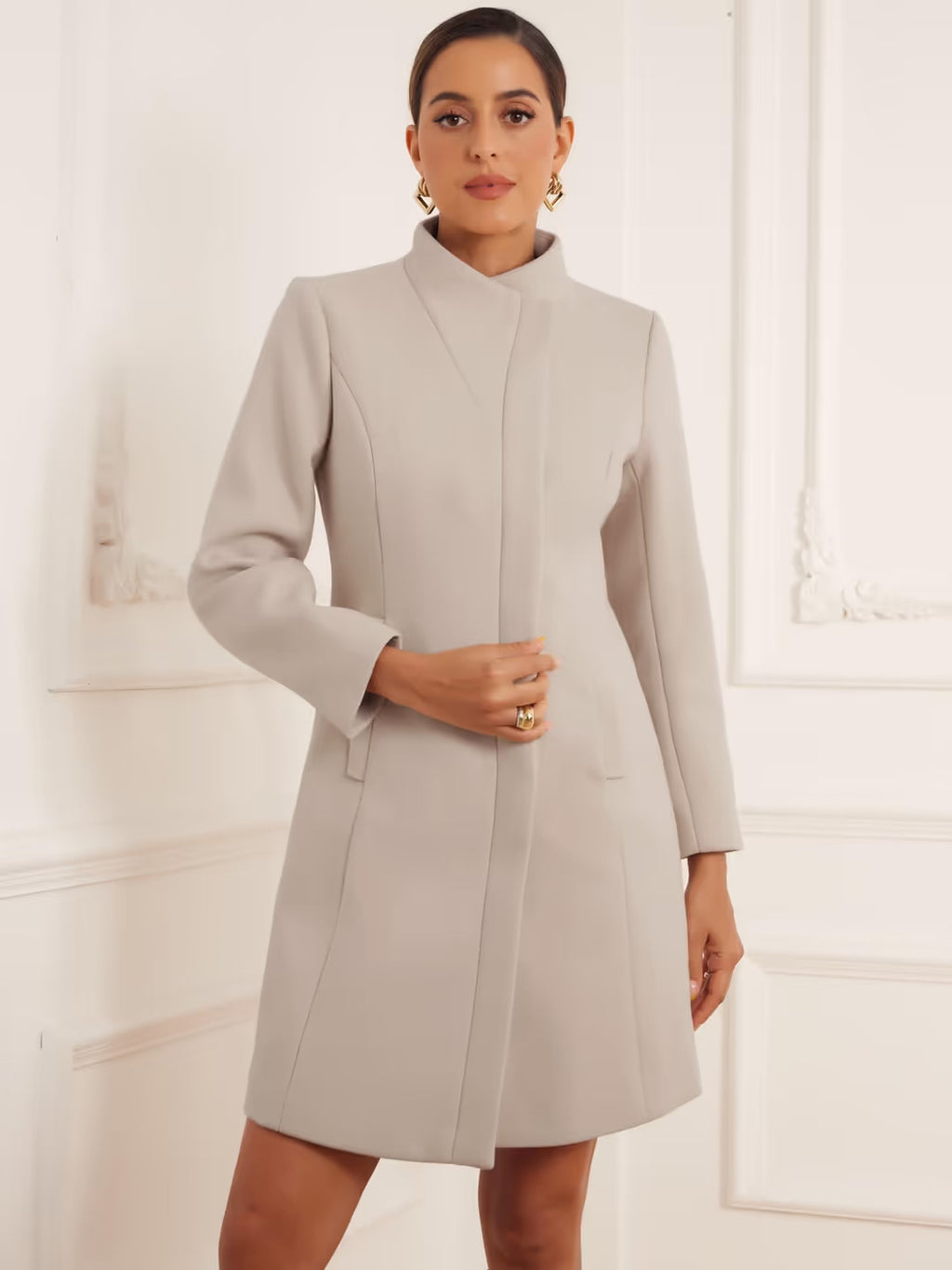 Allegra K Elegant Stand Collar Trench Coat Women's Size Large Beige Long Sleeve