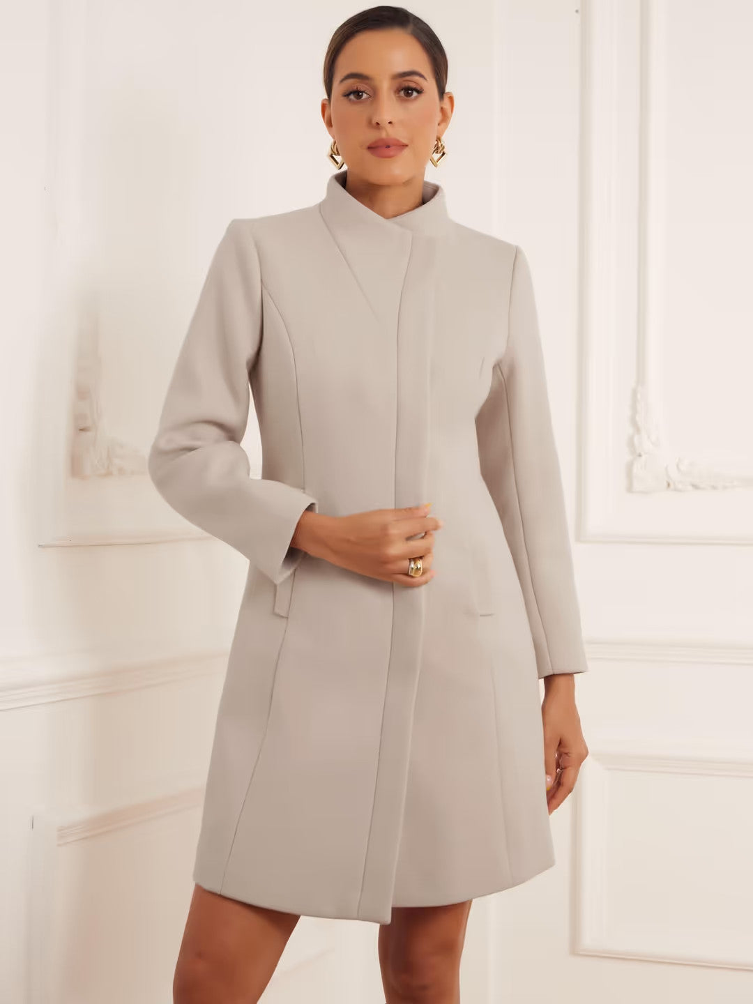 Allegra K Elegant Stand Collar Trench Coat Women's Size Large Beige Long Sleeve