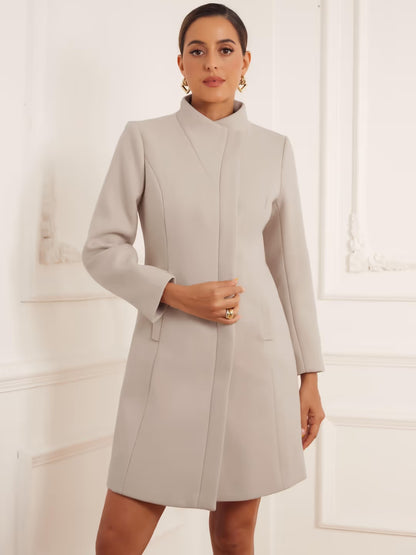 Allegra K Elegant Stand Collar Trench Coat Women's Size Large Beige Long Sleeve