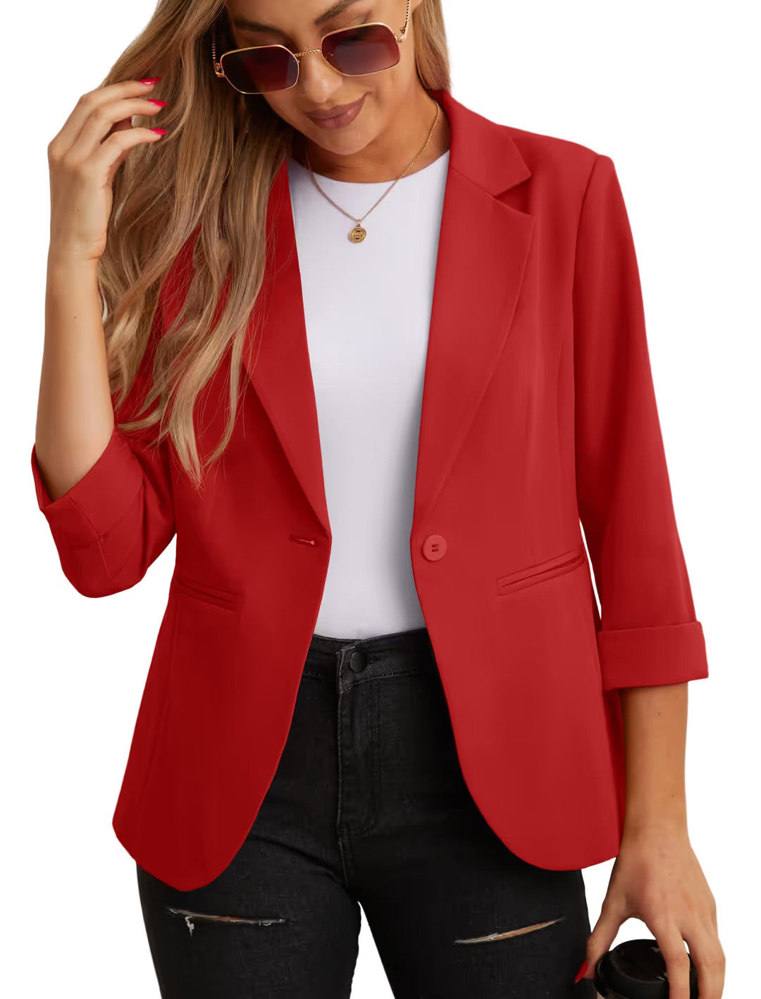 3/4 Sleeve Blazer Suit Jacket Women's Size 12 Red Pockets High Stretch Outerwear