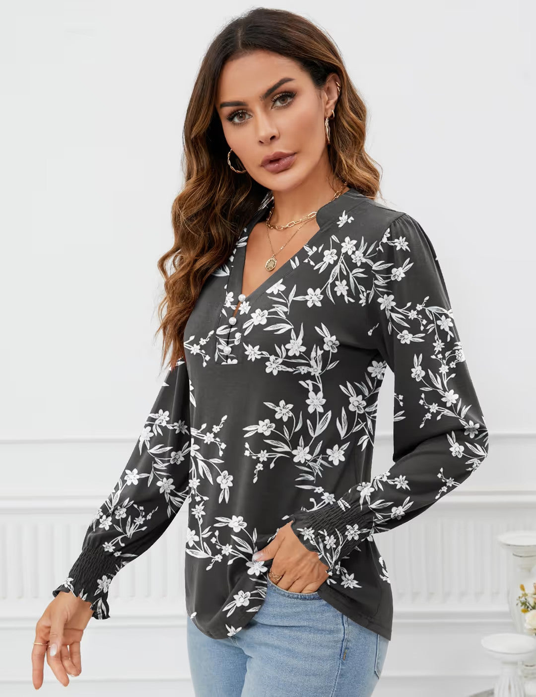 V Neck Button Down Tunic Blouse Women's Size Medium Black Floral Long Sleeve