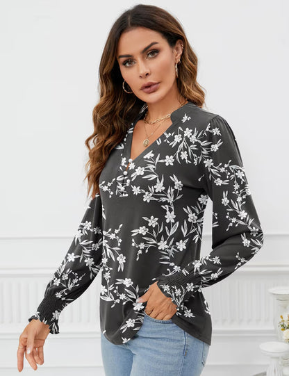 V Neck Button Down Tunic Blouse Women's Size Medium Black Floral Long Sleeve