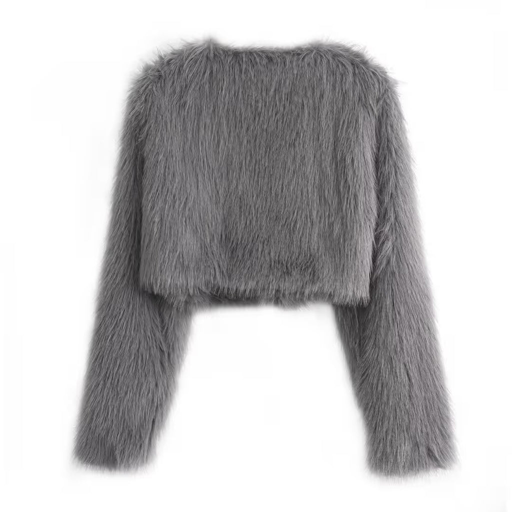 Amazhiyu Faux Fur Long Sleeve Jacket Women's Size Large Light Gray Open Front