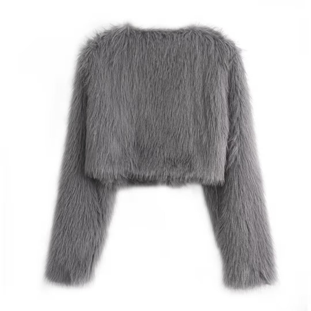 Amazhiyu Faux Fur Long Sleeve Jacket Women's Size Large Light Gray Open Front
