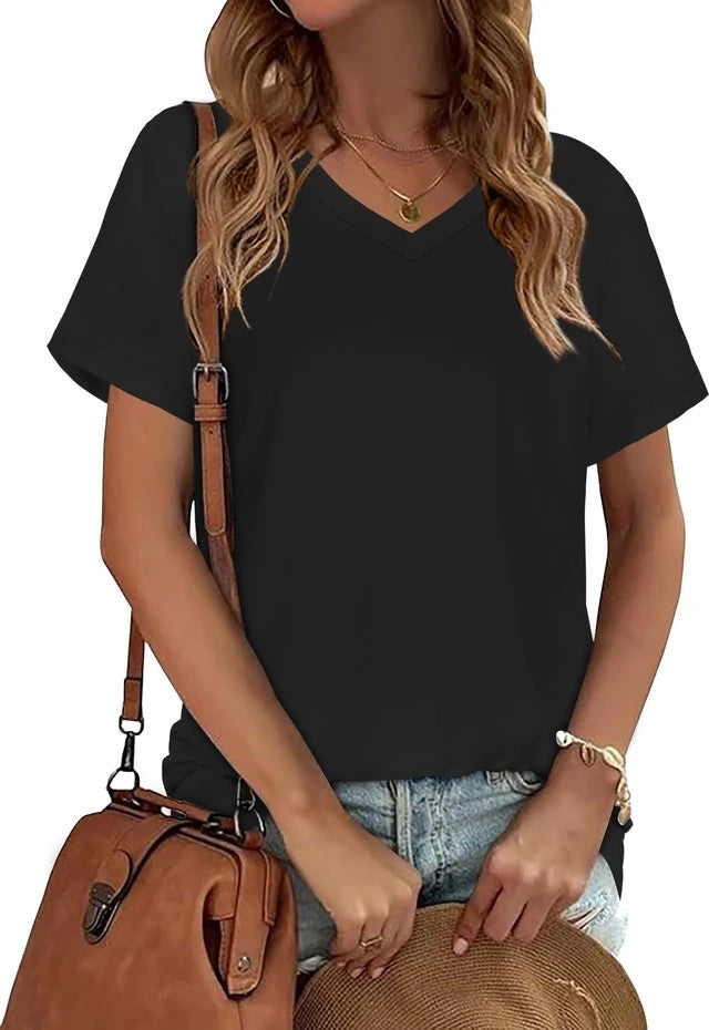 Summer V Neck T-Shirt Women's Size XL Black Short Sleeves Casual Loose Blouse