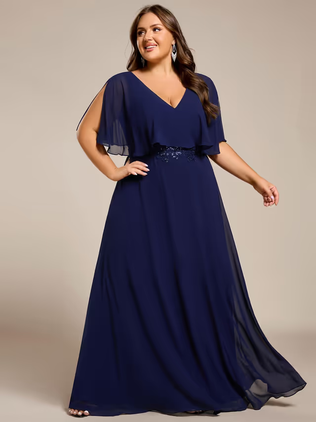Ever-Pretty Mother-of-the-Bride Chiffon Dress Women's Size 2XL Navy V-Neck