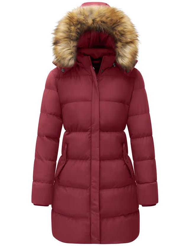 Wenven Quilted Parka Jacket Women's Size 3XL Wine Red Faux Fur Hood Winter Warm
