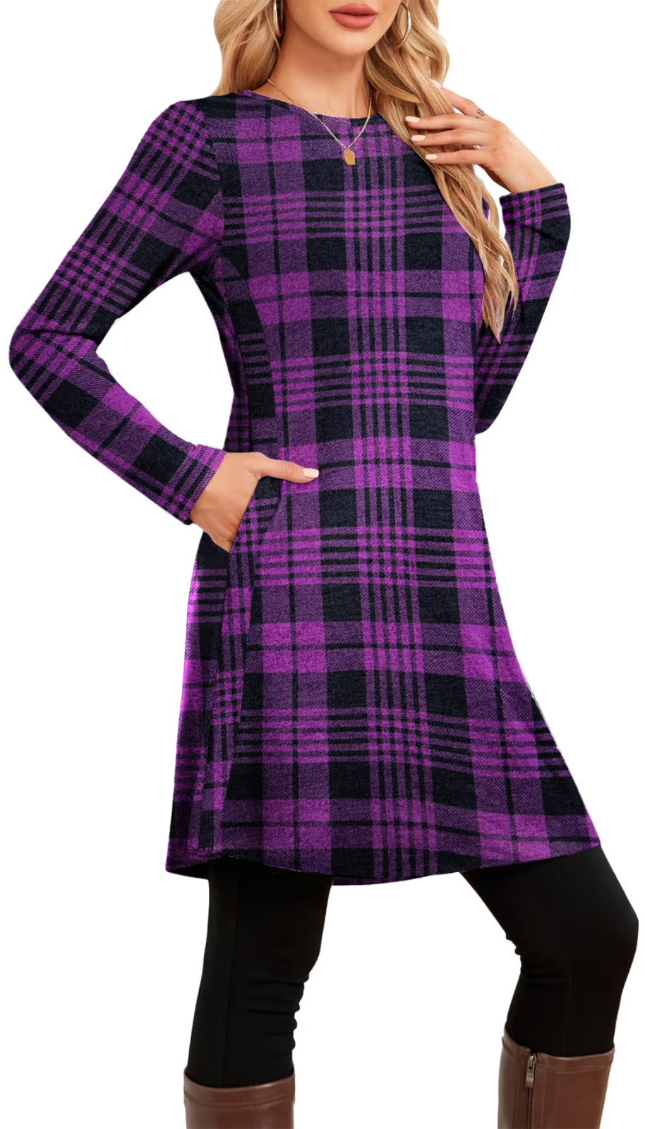 Senbatu Jumper Dress Women's Size XL Purple Plaid Long Sleeves Side Button