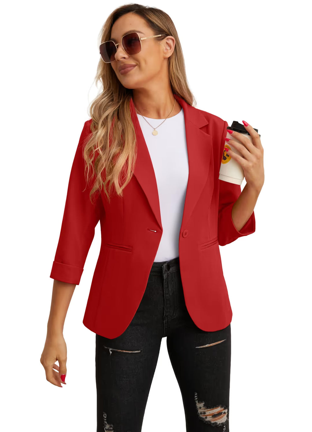 3/4 Sleeve Blazer Suit Jacket Women's Size 12 Red Pockets High Stretch Outerwear