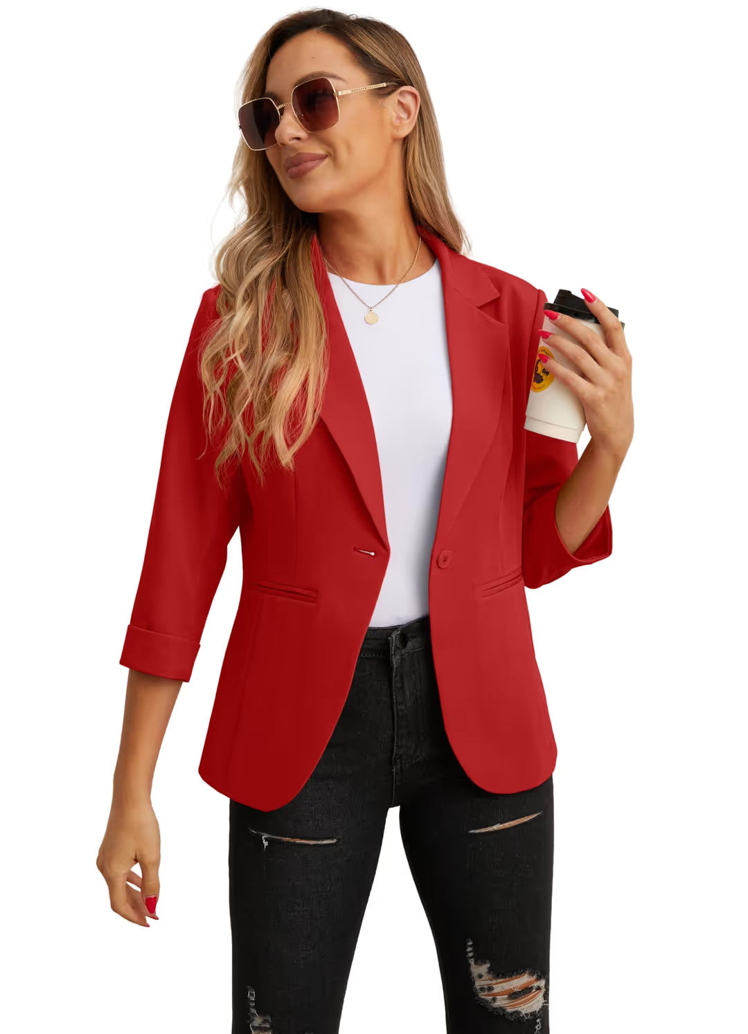 3/4 Sleeve Blazer Suit Jacket Women's Size 12 Red Pockets High Stretch Outerwear