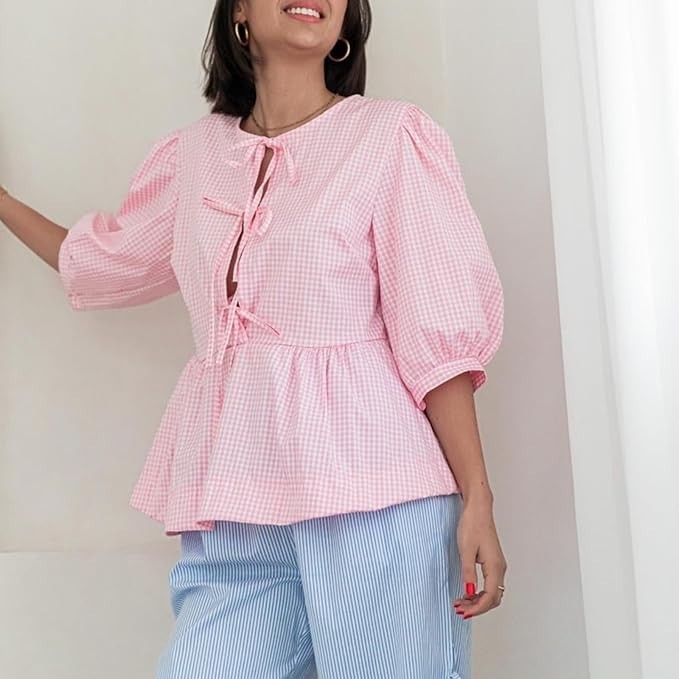 Y2K Puff Sleeves Bandage Blouse Women's Size Large Pink Open Front Peplum