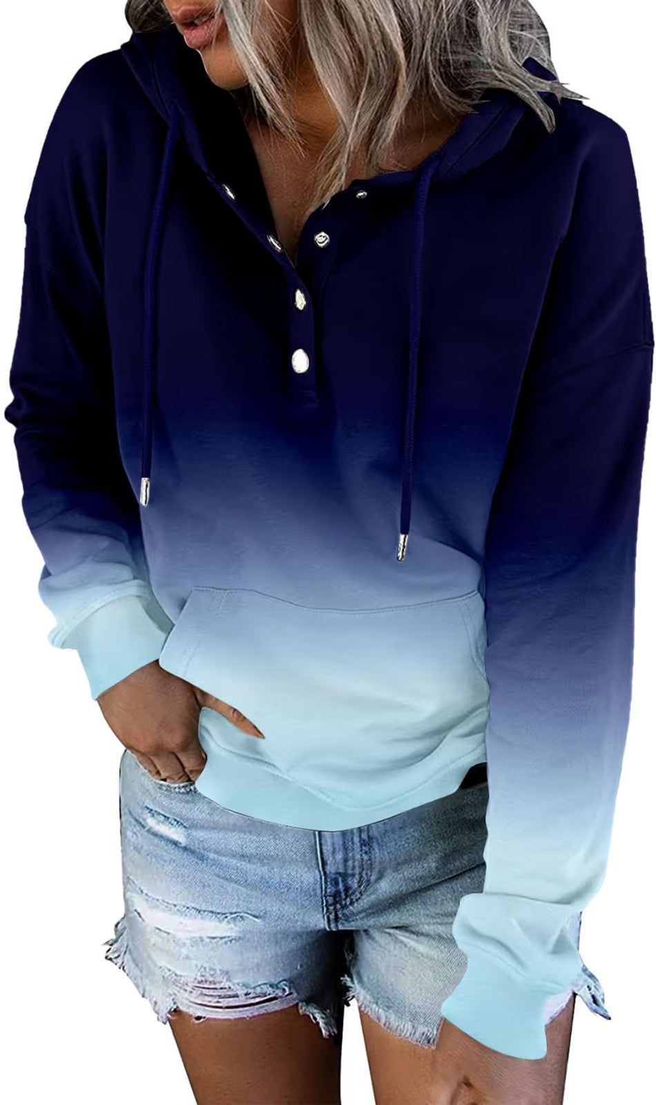 Long Sleeve Button Down Hoodie Women’s Size Large Gradient Navy Kangaroo Pockets