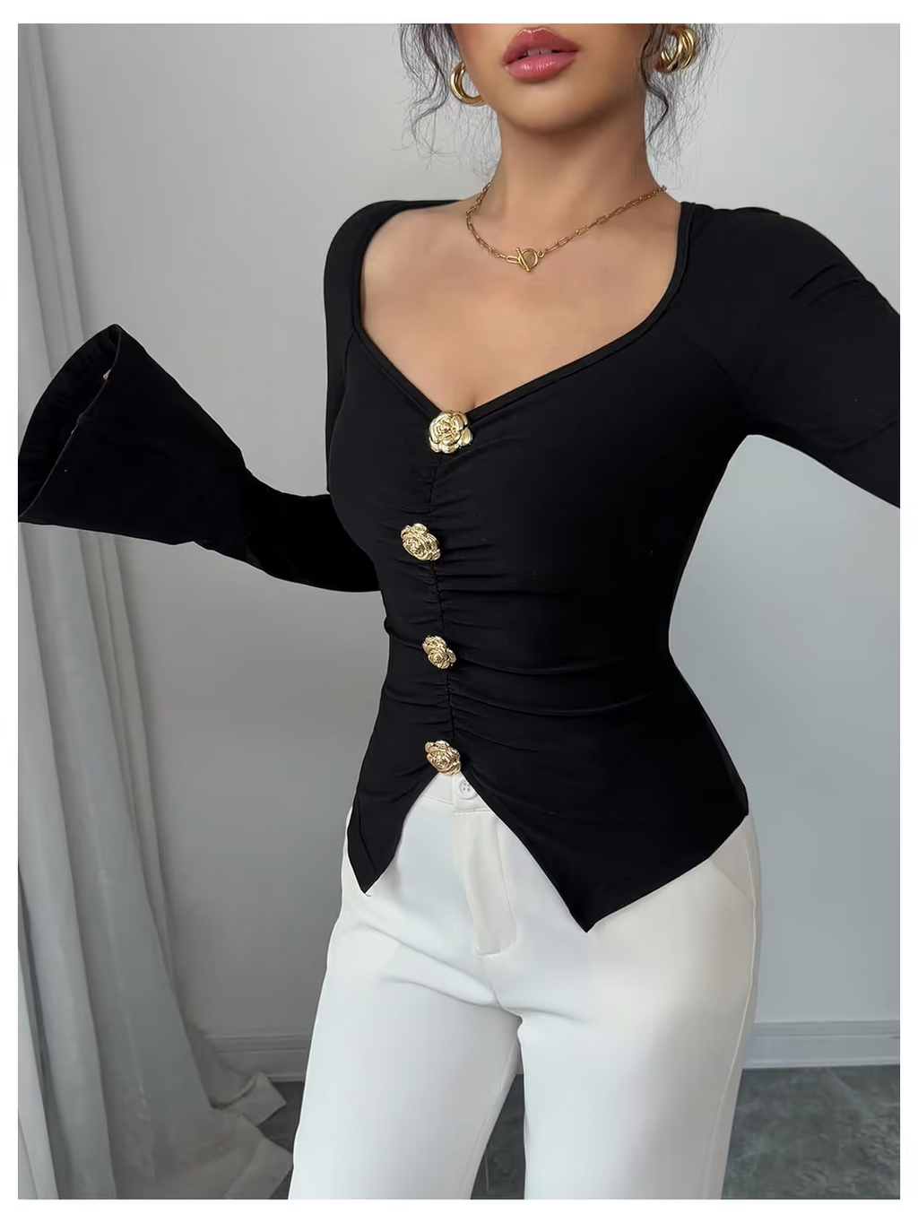 Long Sleeve Floral Metal Tops Women’s Size Large Black Slim Fit Sweetheart Neck