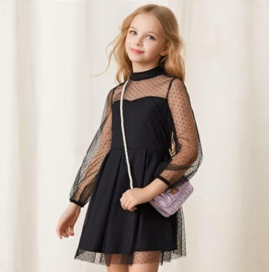 A-Line Mini Dress Girls Size 9-10T Black Puff Long Sleeve Pleated Mock Neck Mesh