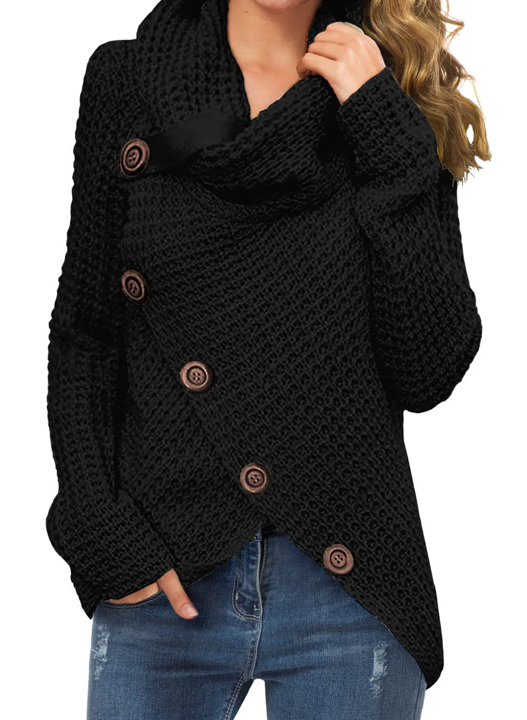 Grecerelle Knit Warm Turtle Neck Jumper Women's Large Black Asymmetric Hem