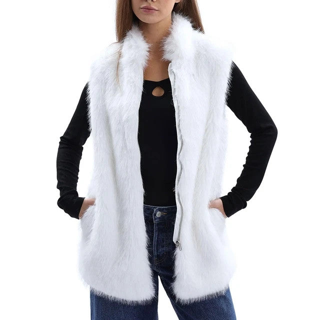 Faux Fur Waistcoat Women's Size XL White Pockets Sleeveless Mock Neck Zip Up