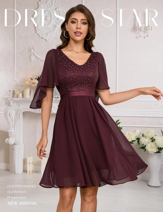 Dressystar Knee Cocktail Dress Women's Size 2XL Burgundy Short Sleeves V-Neck