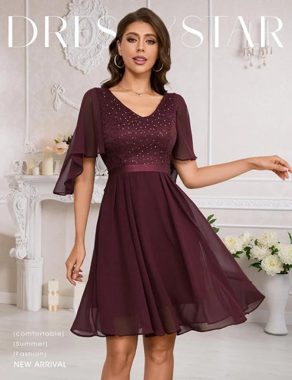 Dressystar Knee Cocktail Dress Women's Size 2XL Burgundy Short Sleeves V-Neck