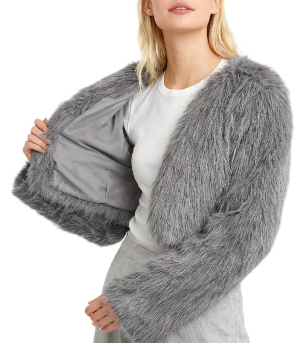Amazhiyu Faux Fur Long Sleeve Jacket Women's Size Large Light Gray Open Front