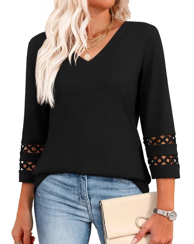 Aokosor Pullover Blouse Top Women's Size 10-12 Black 3/4 Sleeves Hollow-Out Lace