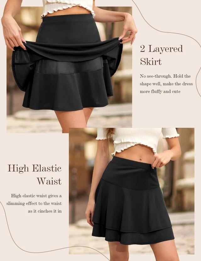 HomRain Ruffle Pleated Mini Skater Skirt Women Size XL Black High Wast Pull On