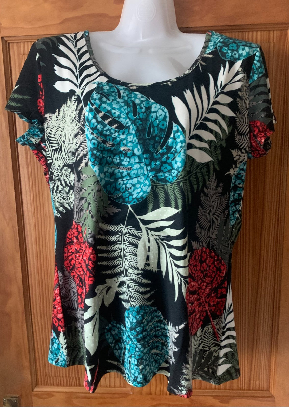 Gingdin Pullover Blouse Top Women's X-Large Blue Floral Scoop Neck Short Sleeves