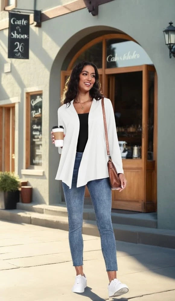 Prinstory Cardigan Sweater Women's Size Medium White Long Sleeves Open-Front