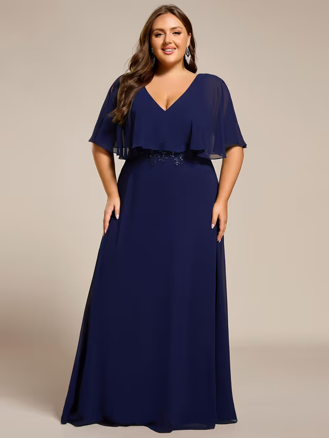 Ever-Pretty Mother-of-the-Bride Chiffon Dress Women's Size 2XL Navy V-Neck