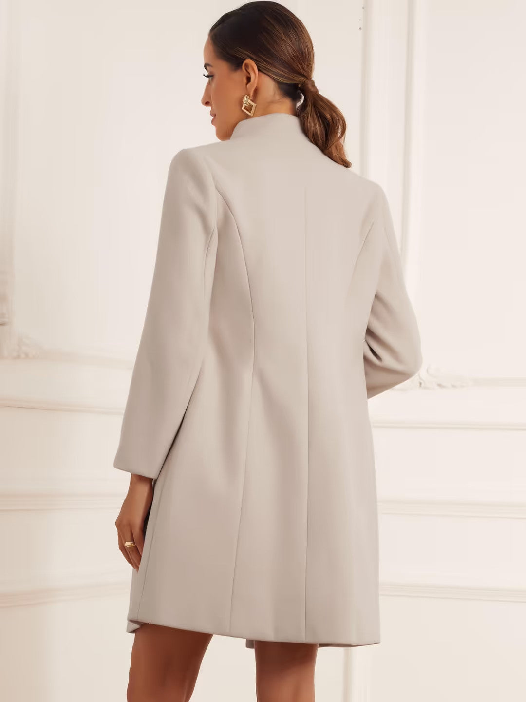 Allegra K Elegant Stand Collar Trench Coat Women's Size Large Beige Long Sleeve