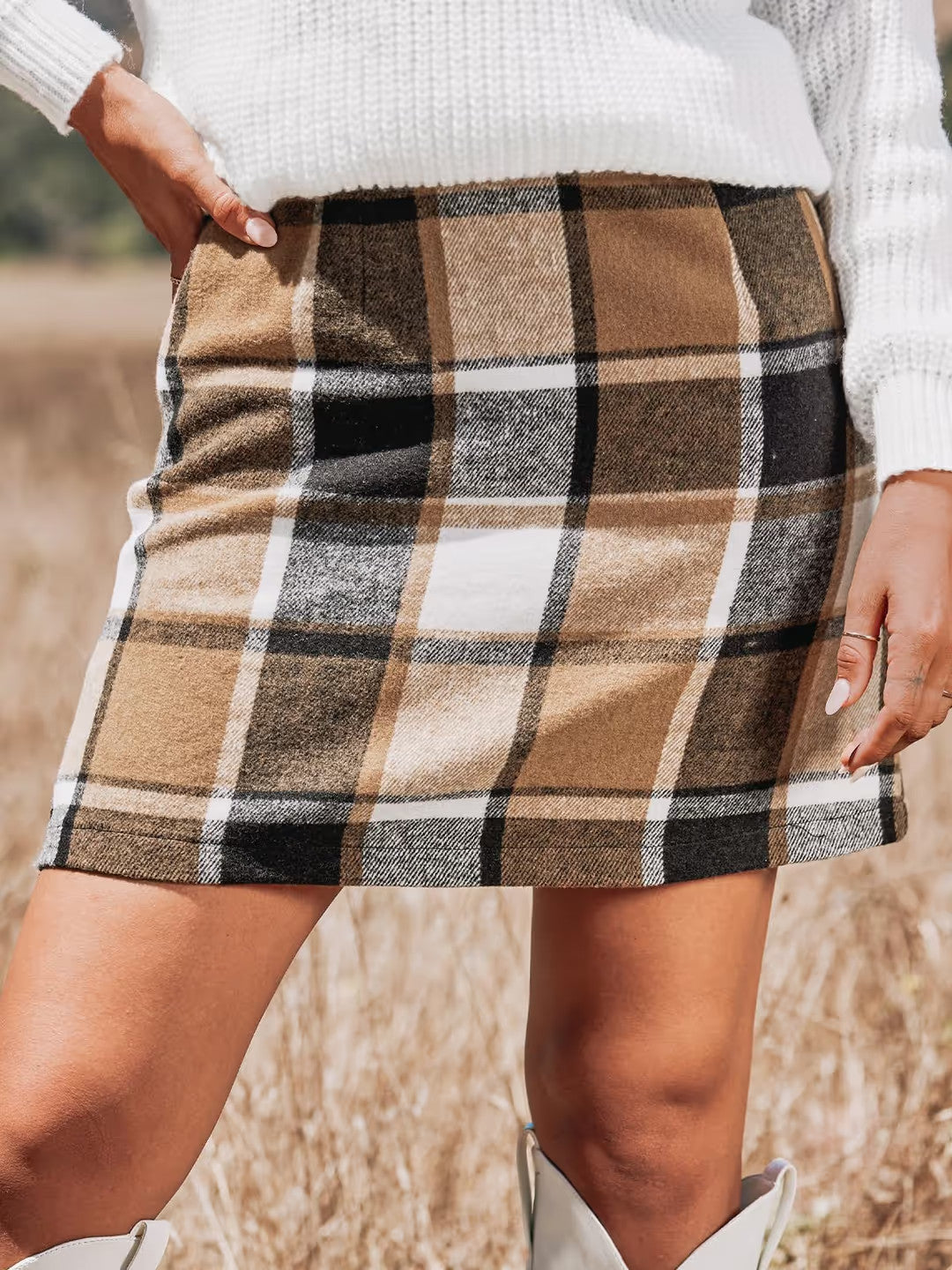 CUPSHE High Waist Plaid Mini Skirt Women's Large Brown Straight & Pencil Zipper