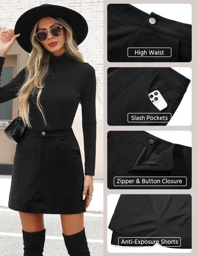Corduroy Mini Skirt A-Line Wrap Skirt Women's Size Small Black High Waisted
