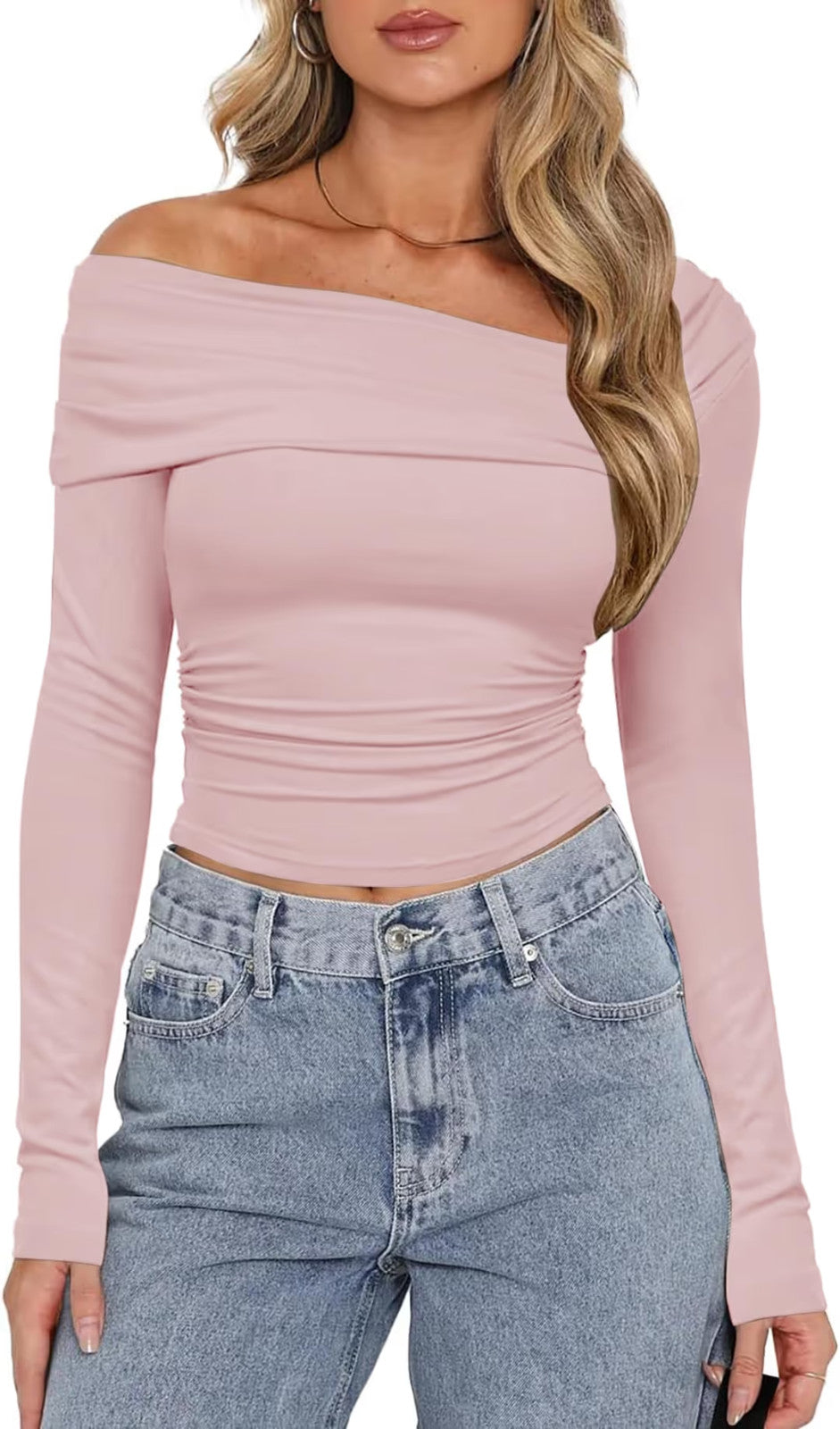 TrendiMax Ruched Elegant Off Shoulder Top Women's Size Small Pink Long Sleeve