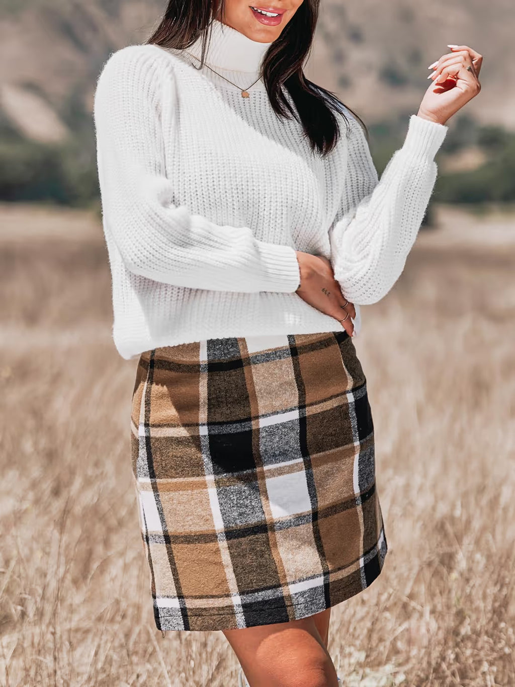 CUPSHE High Waist Plaid Mini Skirt Women's Large Brown Straight & Pencil Zipper