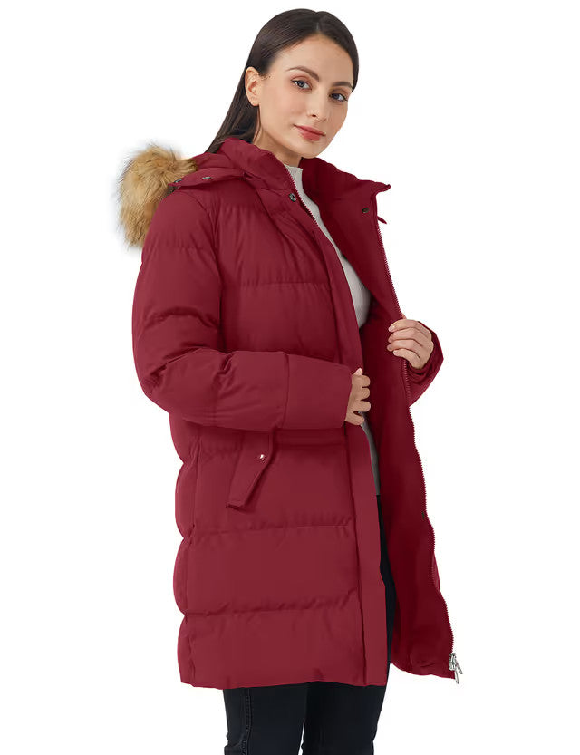 Wenven Quilted Parka Jacket Women's Size 3XL Wine Red Faux Fur Hood Winter Warm