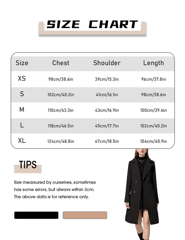 Sukany Notched Collar Double Breasted Coat Women's Size Small Black Winter Wear