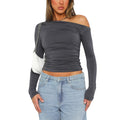 Basic Off Shoulder Crop Top Women's Size Large Black Asymmetrical Long Sleeve