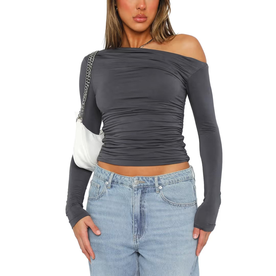 Basic Off Shoulder Crop Top Women's Size Large Black Asymmetrical Long Sleeve