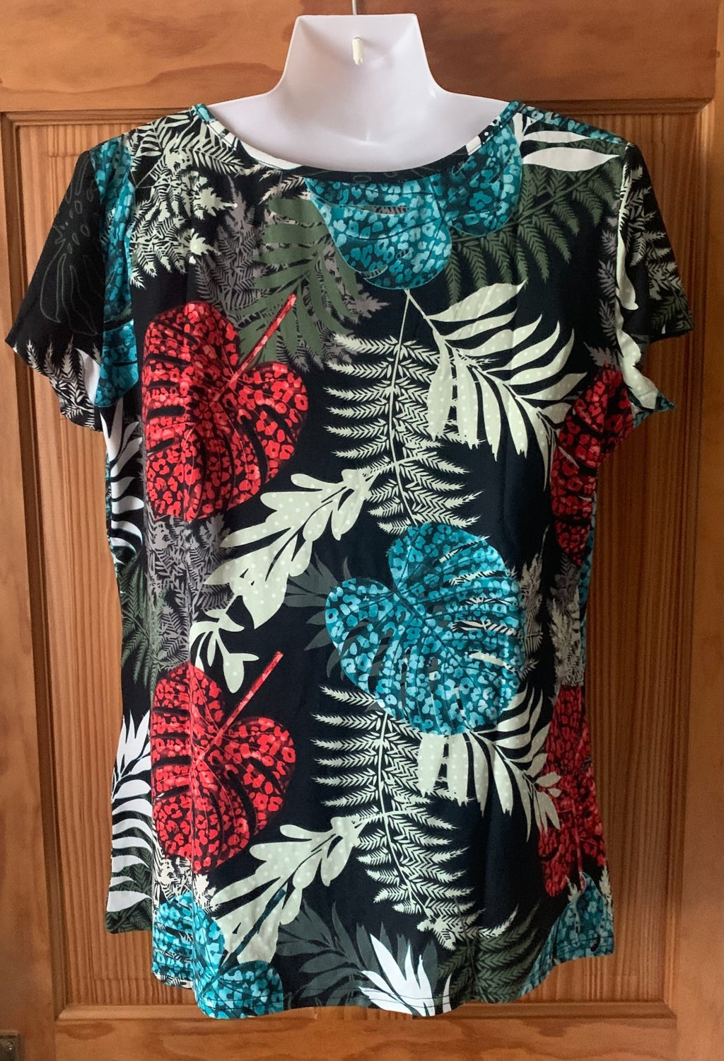 Gingdin Pullover Blouse Top Women's X-Large Blue Floral Scoop Neck Short Sleeves