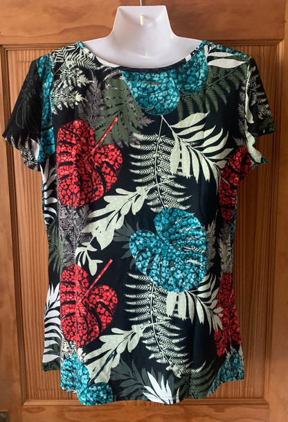 Gingdin Pullover Blouse Top Women's X-Large Blue Floral Scoop Neck Short Sleeves