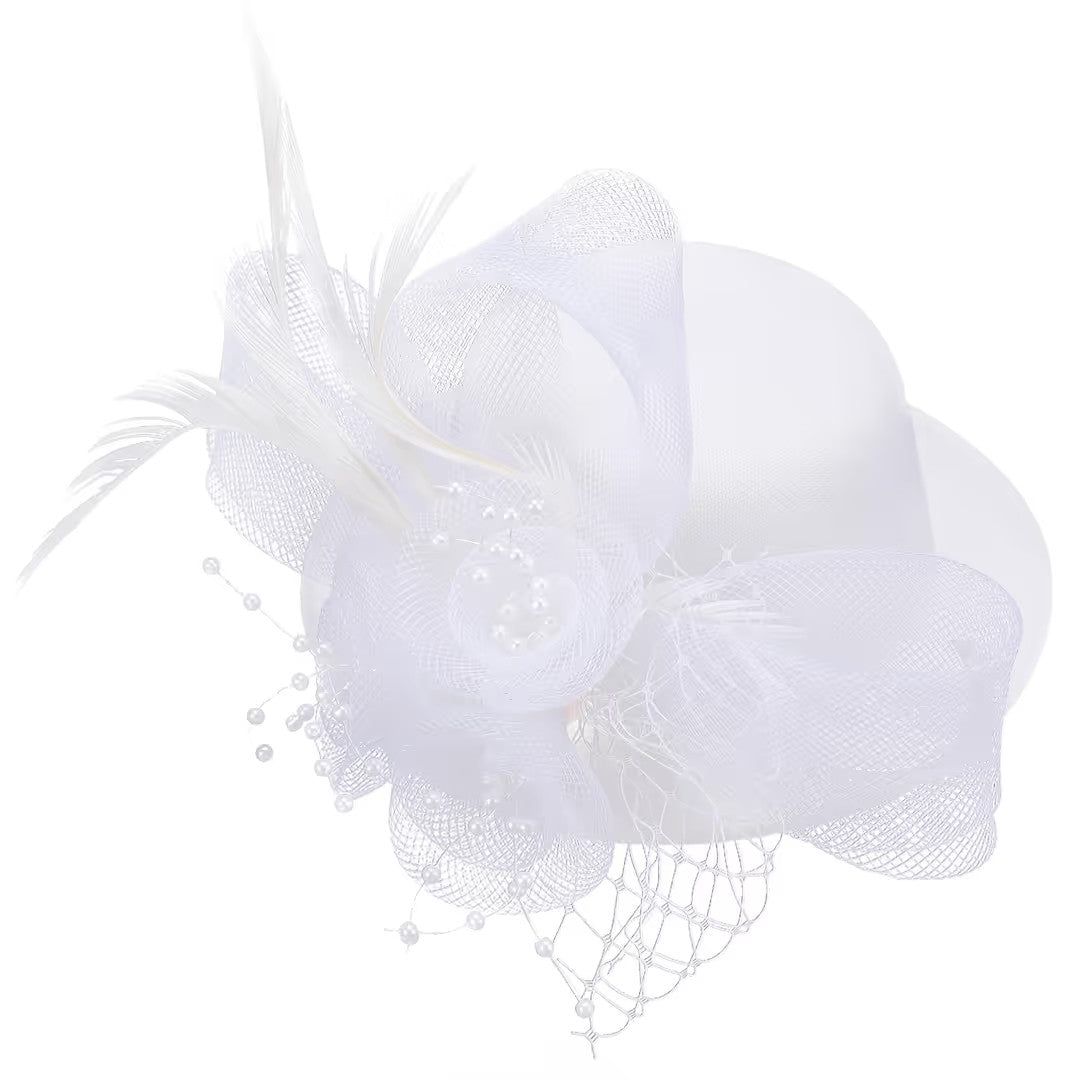 Fascinator Mini Tea Party Hat Women's White Feather & Mesh Veil Clip-On