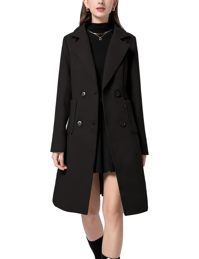 Sukany Notched Collar Double Breasted Coat Women's Size Small Black Winter Wear