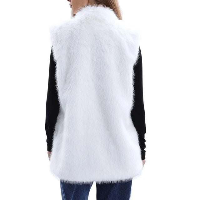 Faux Fur Waistcoat Women's Size XL White Pockets Sleeveless Mock Neck Zip Up