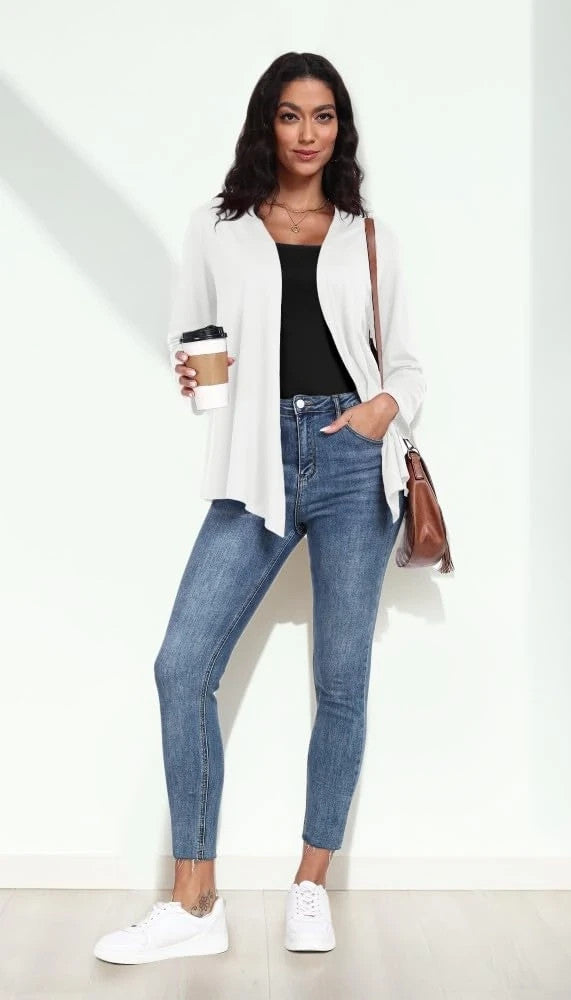 Prinstory Cardigan Sweater Women's Size Medium White Long Sleeves Open-Front