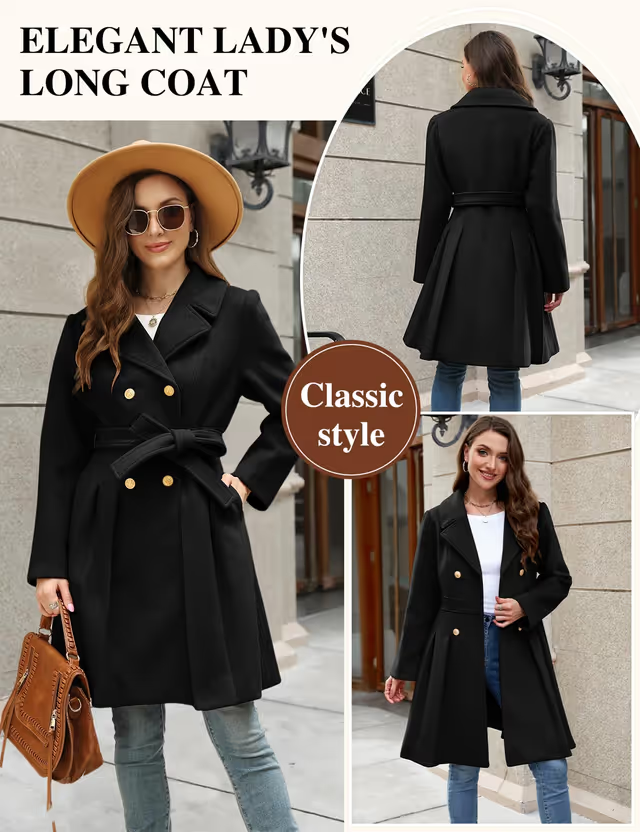 Vancavoo Double-Breasted Winter Coat Women's Size XL Black Belted Long Sleeve
